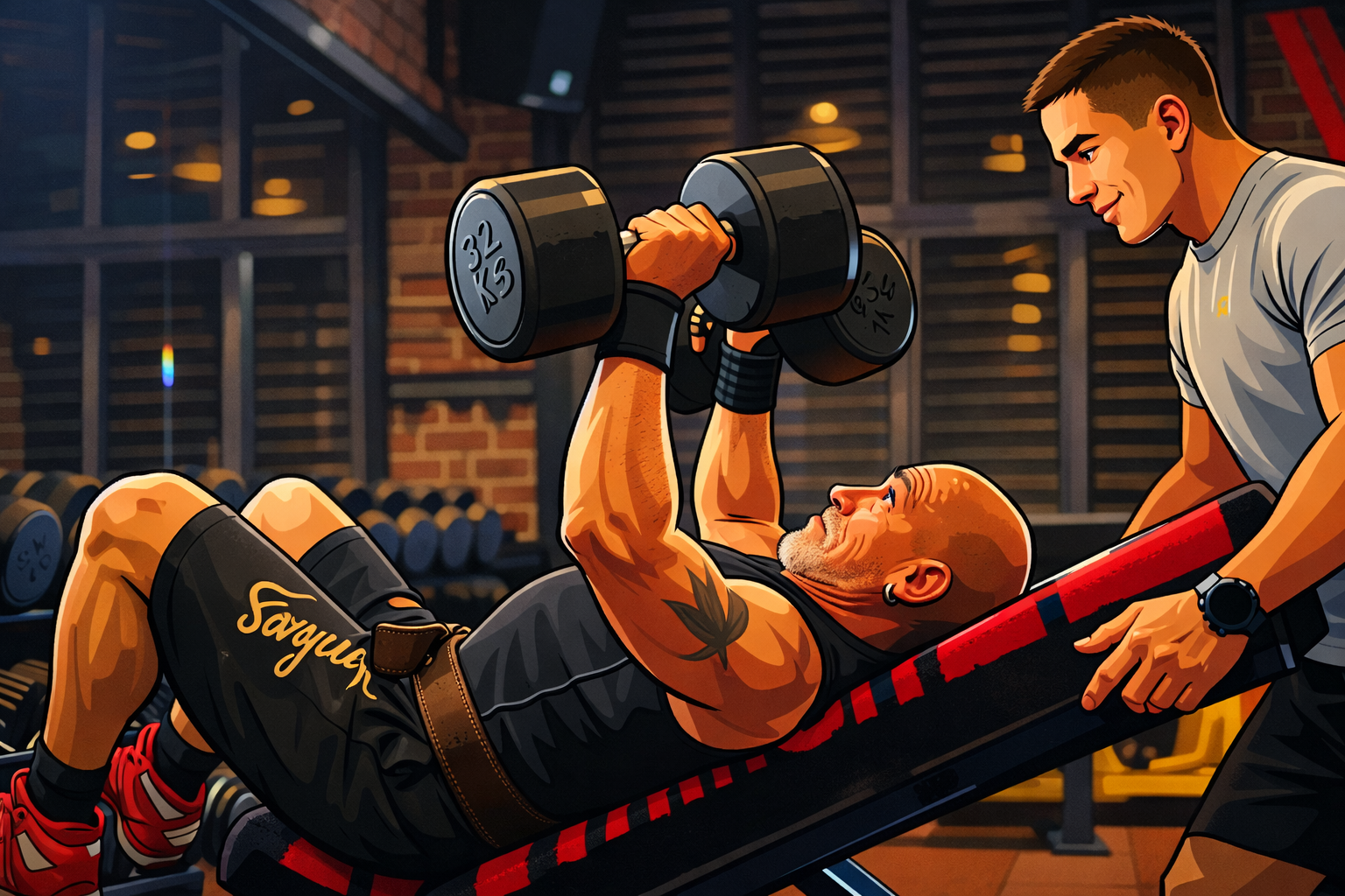 Trainer supportet Kunden bei der Übung Schrägbankdrücken mit Kurzhanteln.